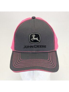John Deere Pink & Gray Trucker Hat w Embroidered Logo Mesh Back Adjustable Cap